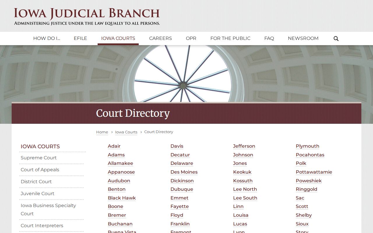Iowa Judicial Branch court directory used to route Palo Alto County city cases