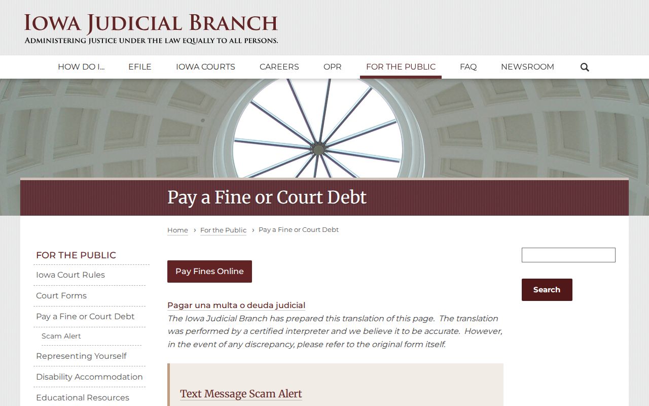 Iowa Judicial Branch official fine payment routes for Palo Alto County traffic court debt