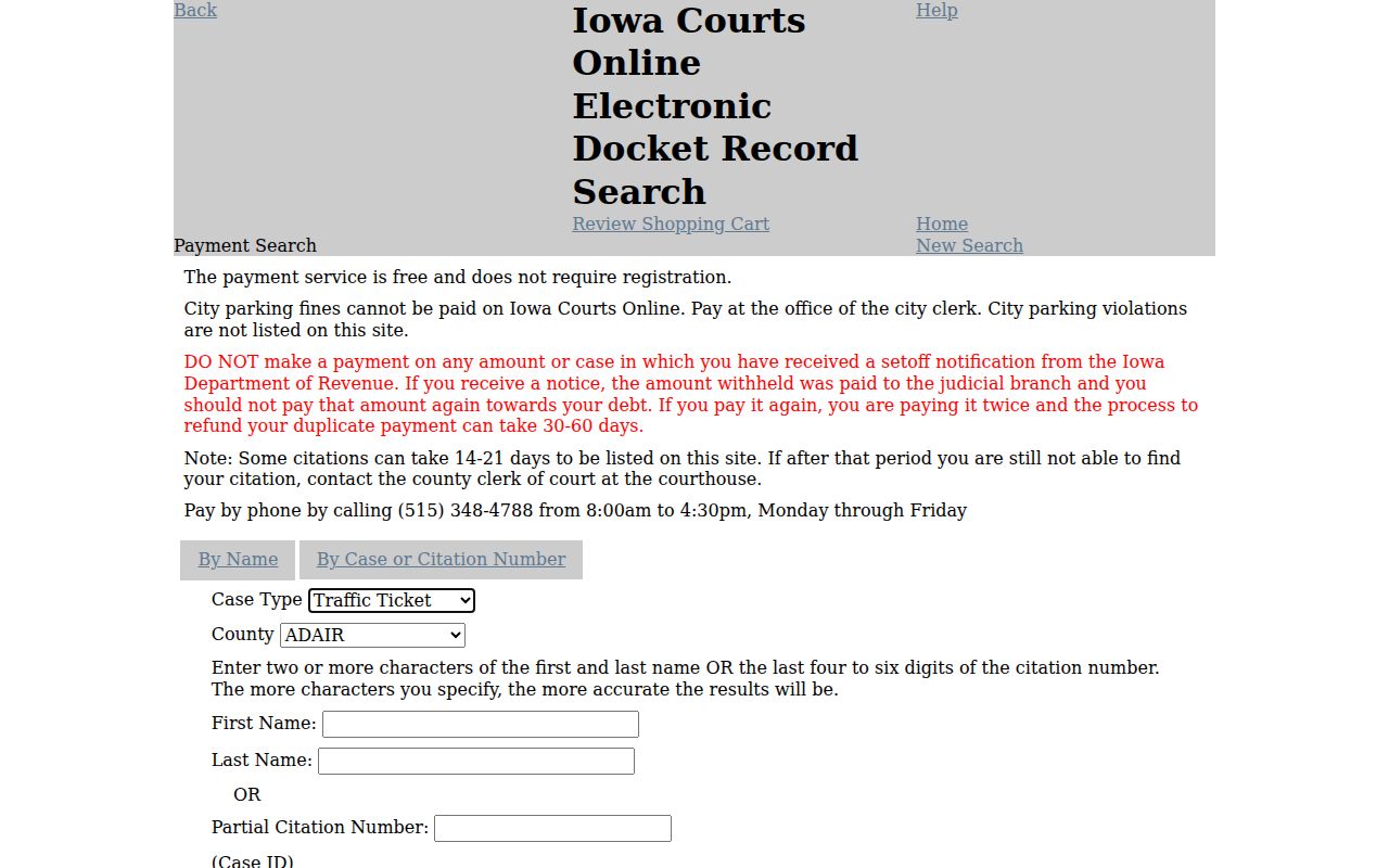 Iowa Courts Online payment and citation search fields for a Palo Alto County traffic case