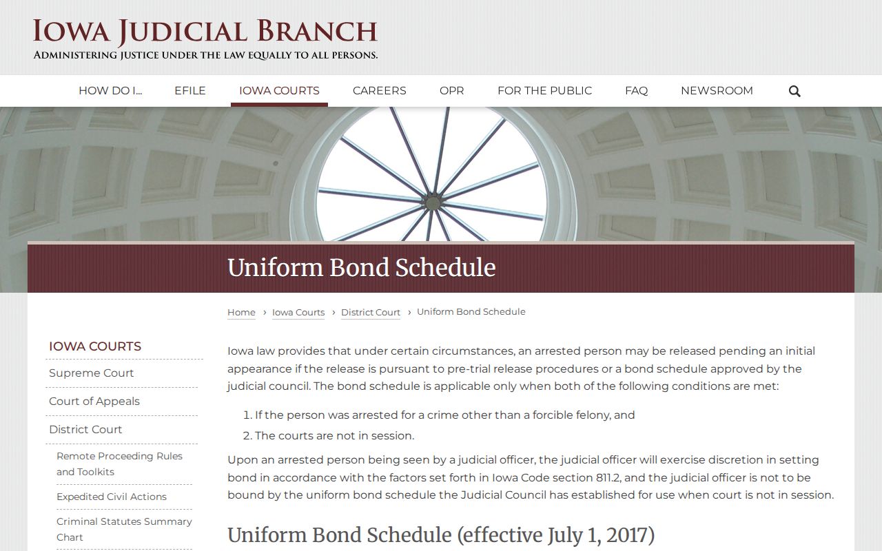 Iowa Judicial Branch uniform bond schedule page used for Palo Alto County arrest warrant context